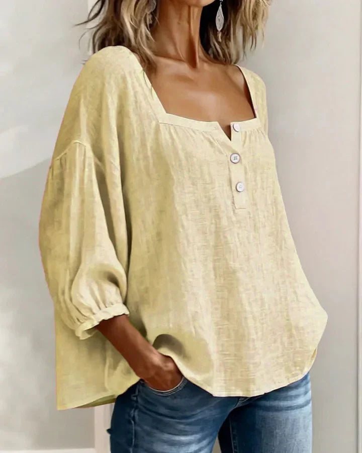 Leontien - Square Neck Long Sleeve Cotton Blouse