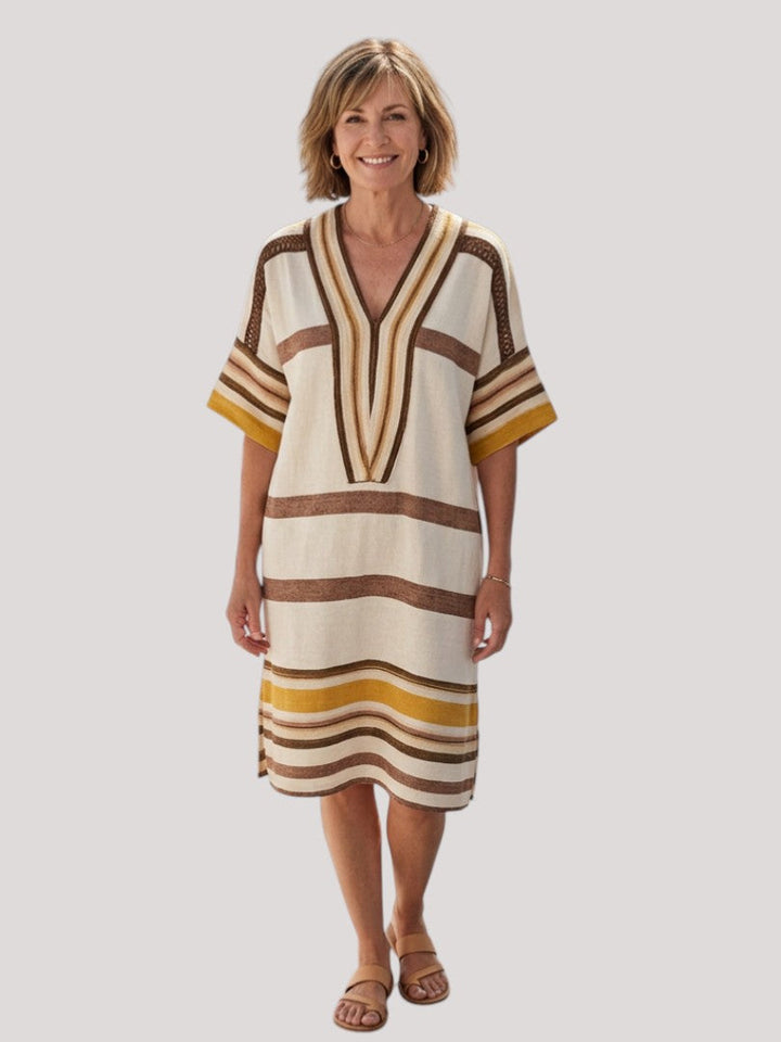 Aveline | V Neck Short Sleeve Striped Knee Length Dress