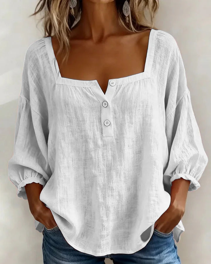 Leontien - Square Neck Long Sleeve Cotton Blouse