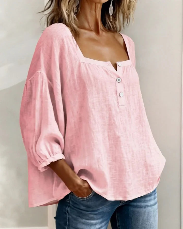 Leontien - Square Neck Long Sleeve Cotton Blouse